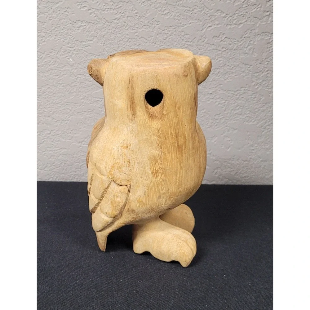 Vintage 1990s Hand Carved Wooden Hooting Owl Whistle Folk Art Bird Call